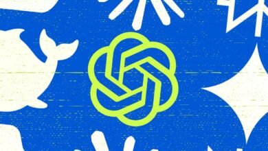 OpenAI logo in neon green on a blue background with white abstract shapes.