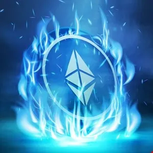 Ethereum cryptocurrency logo engulfed in blue flames, symbolizing volatility and energy.