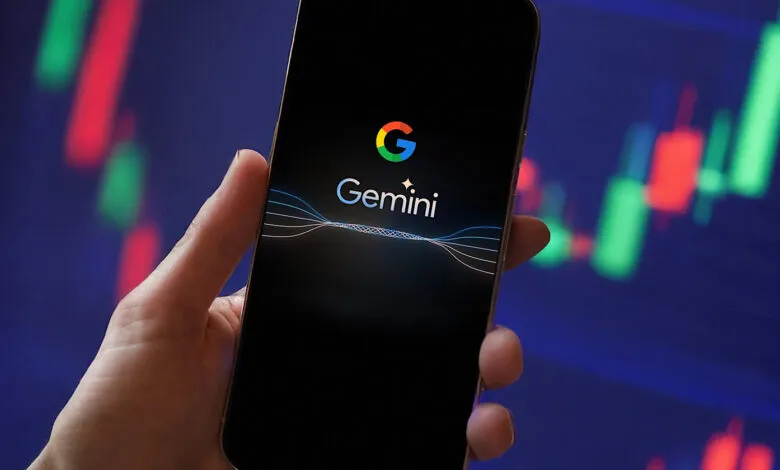 Hand holding smartphone displaying Google Gemini AI logo against a stock market chart backdrop.