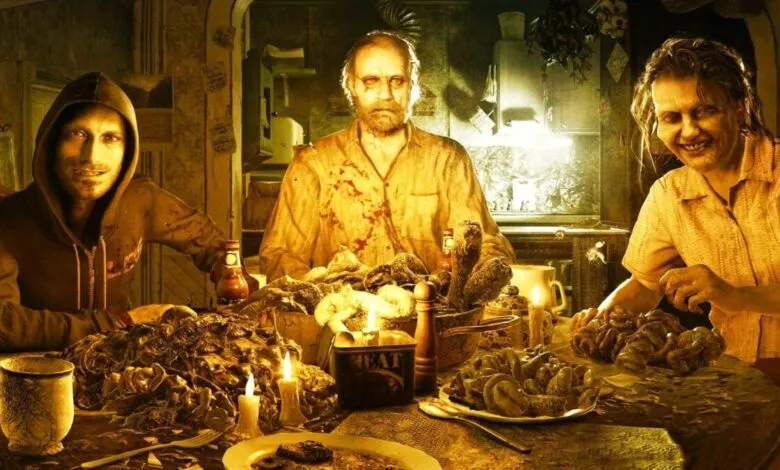 A grim family gathers around a table with unsettling food, illuminated by dim, yellow light.