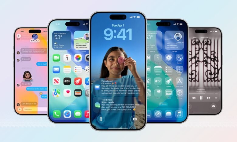 iPhone displays showcasing iOS interface features, including messages, weather, calendar, and music apps.