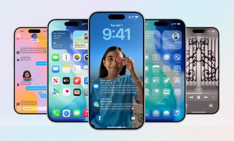 iPhone displays showcasing iOS interface features, including messages, weather, calendar, and music apps.