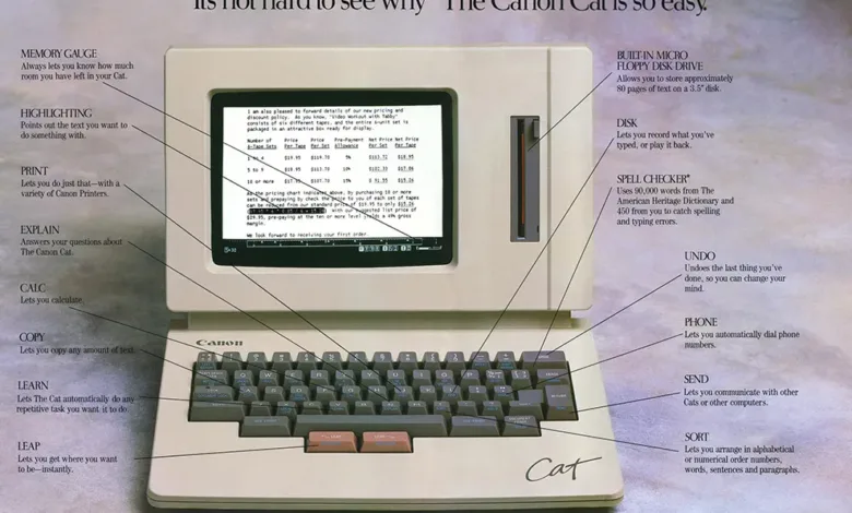 Vintage Canon Cat computer ad showcasing its features: memory gauge, highlighting, printing, calculation, copying, learning, and more.