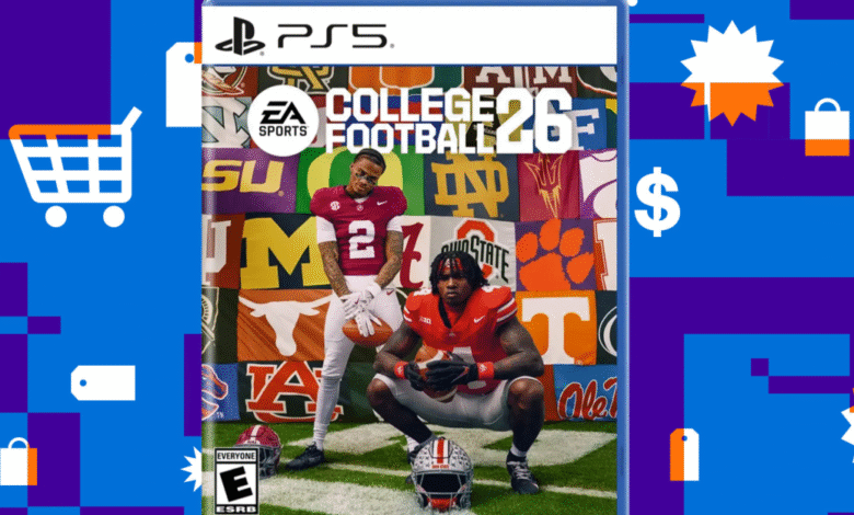 College Football 2026 PS5 game cover featuring two football players against a collage of college team logos.
