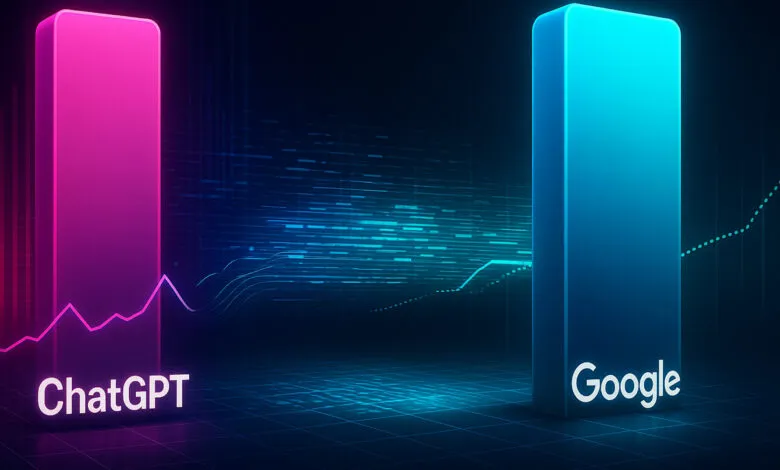 ChatGPT and Google logos displayed as glowing columns with upward trending graphs, symbolizing growth and competition.