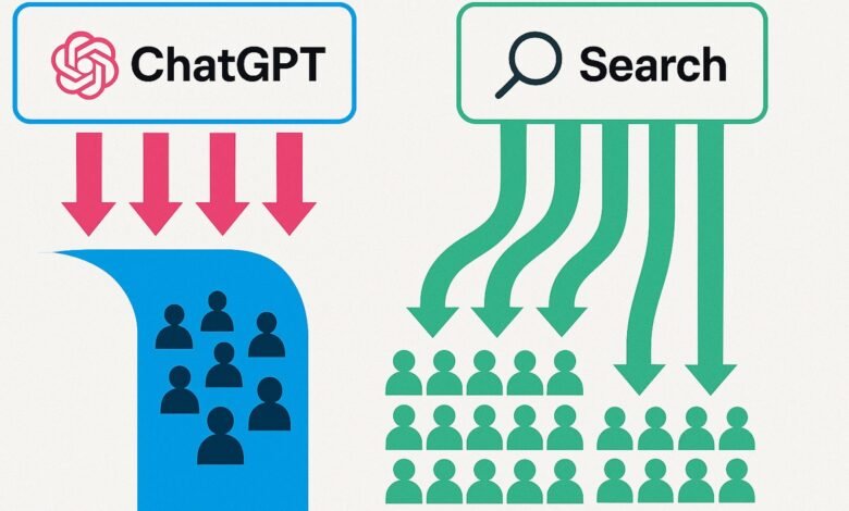 Diagram showing ChatGPT and search engine engagement; arrows illustrate user traffic flow.