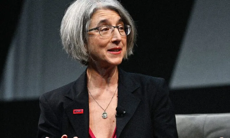 Cindy Cohn, EFF Legal Director, speaks at a conference.