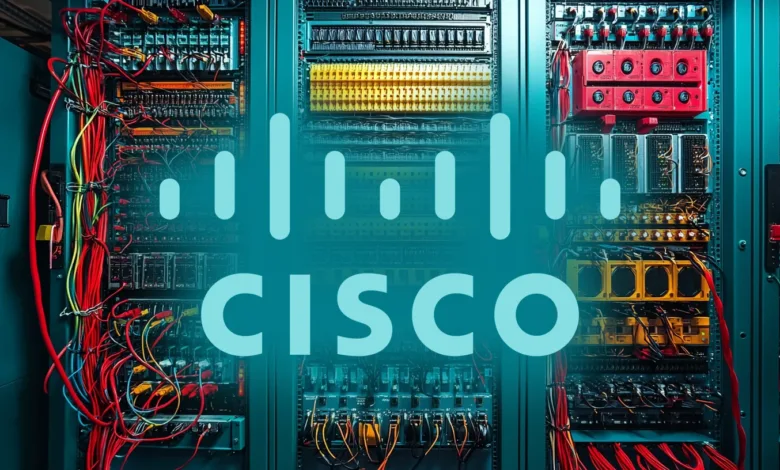 Cisco logo overlaid on a server rack filled with colorful cables and network equipment.