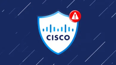 Cisco logo shield with an alert symbol, on a dark blue background with white lines.