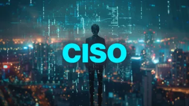 Silhouette of a person in a suit facing a cityscape with the word CISO overlaid.
