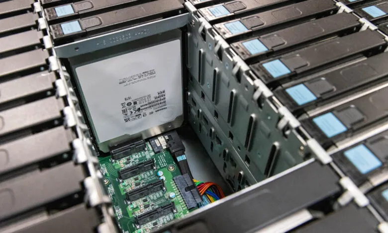 Close-up of a hard drive and circuit board inside a server rack, showcasing data storage technology.