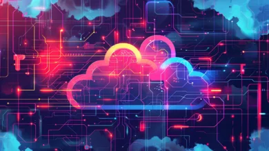 Abstract digital cloud with glowing circuits and neon lights