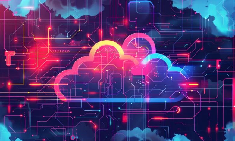 Abstract digital cloud with glowing circuits and neon lights