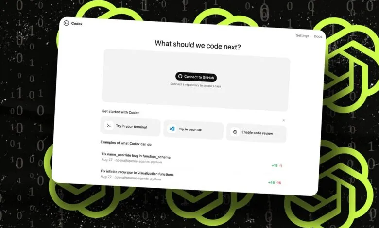 Codex interface showing options to connect to GitHub, try code in terminal or IDE, and enable code review; examples of code fixes are listed.