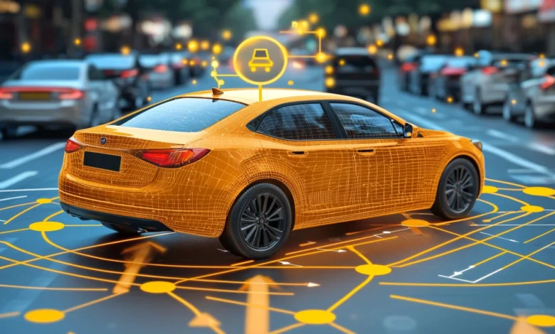 Orange wireframe car model on a city street, illustrating connected car technology and data flow.