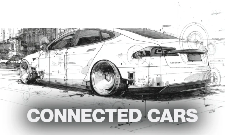 Sketch of a connected car, showcasing its technological features with overlaid technical drawings.