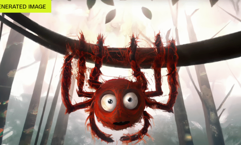 A cartoonish red spider with wide eyes hangs upside down from a branch.