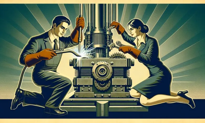 A man and woman in vintage work attire repair a complex machine, showcasing teamwork and industrial ingenuity.