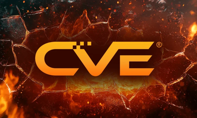 CVE logo in fiery, cracked glass; symbolizes cybersecurity threats.