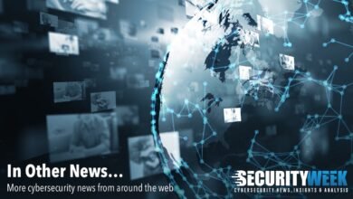 Global map with digital connections and news feeds, representing cybersecurity.