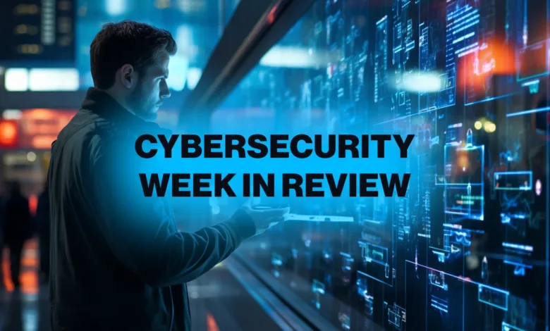 Man looking at a futuristic digital display showing cybersecurity data.
