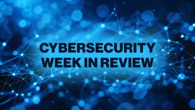 Cybersecurity Week in Review: Abstract blue network graphic with bold text.