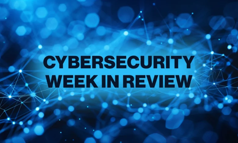 Cybersecurity Week in Review: Abstract blue network graphic with bold text.