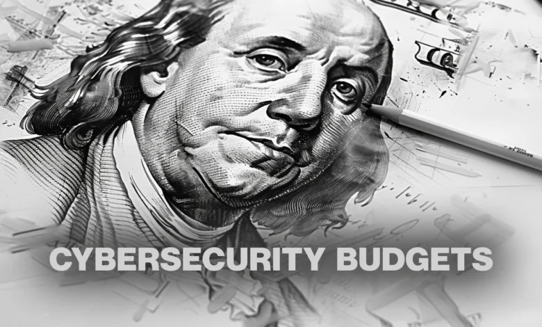 Close-up of Benjamin Franklin's portrait on a US $100 bill, overlaid with sketches and the words 'Cybersecurity Budgets'.