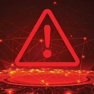 Red warning triangle with exclamation mark, digital background