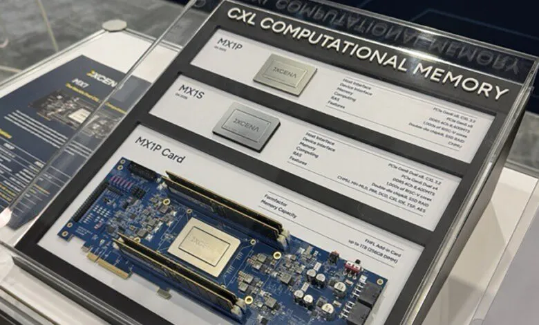XCENA unveils its MX1P computational memory card at FMS 2025. The display shows the card and specifications.