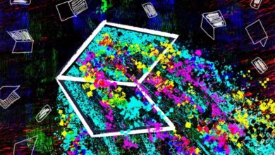 Abstract art depicting data explosion; vibrant colors, box overflowing with pixelated squares against dark background.