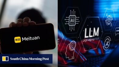 Meituan app on a phone beside an LLM (Large Language Model) AI graphic.