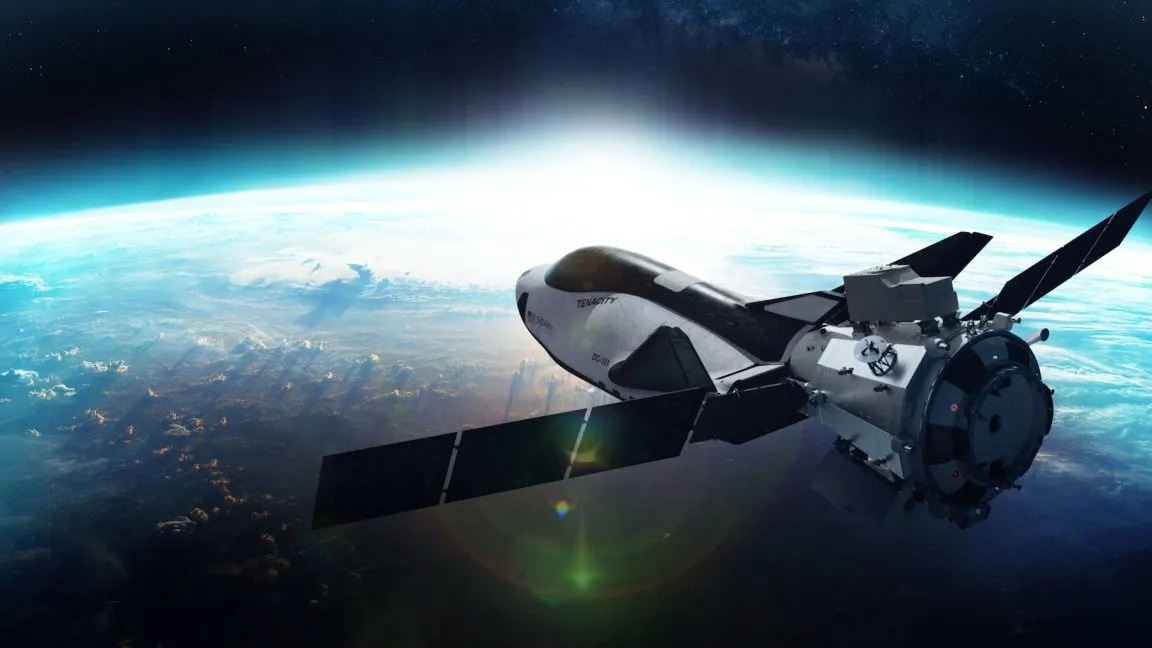 A futuristic spacecraft orbits Earth, with solar panels extended.