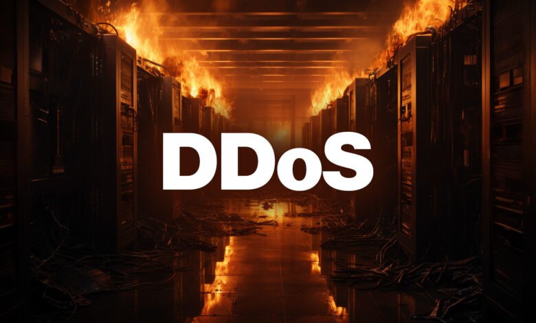 A server room engulfed in flames with the word 'DDoS' prominently displayed.