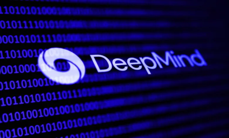 DeepMind logo displayed on a screen with binary code in the background.
