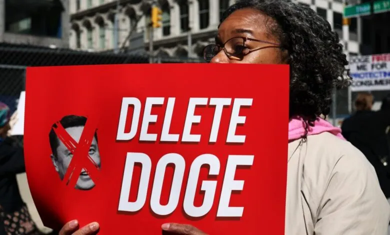 Protestor holds a sign reading "DELETE DOGE" with an X over Elon Musk's face.