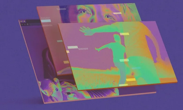 Layered digital screens showing children's faces and silhouettes with glitch effects.