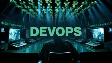 A person sits before multiple computer screens displaying green code in a dark room, the word 'DEVOPS' superimposed.