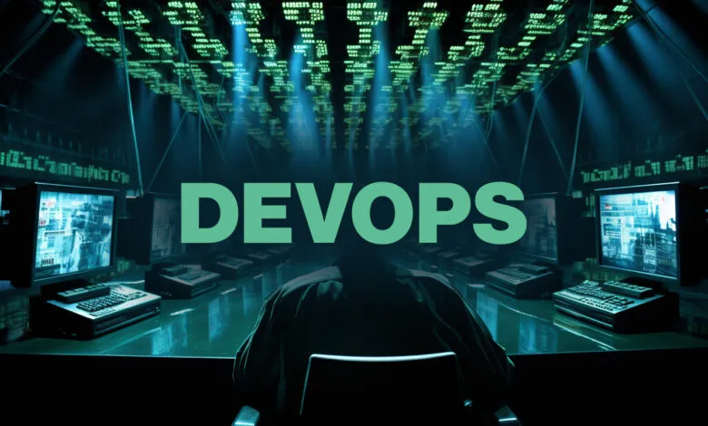 A person sits before multiple computer screens displaying green code in a dark room, the word 'DEVOPS' superimposed.