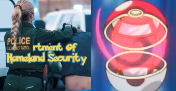 Split image: US Border Patrol agent apprehending a person, and an open red and white Pokemon ball.