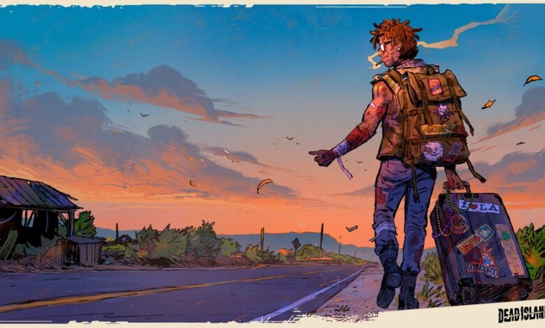 A hitchhiker with a backpack and suitcase walks down a road at sunset. The style is illustrated, with warm colors and a slightly grunge aesthetic.