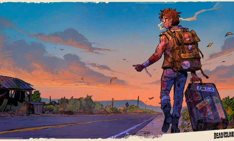A hitchhiker with a backpack and suitcase walks down a road at sunset. The style is illustrated, with warm colors and a slightly grunge aesthetic.