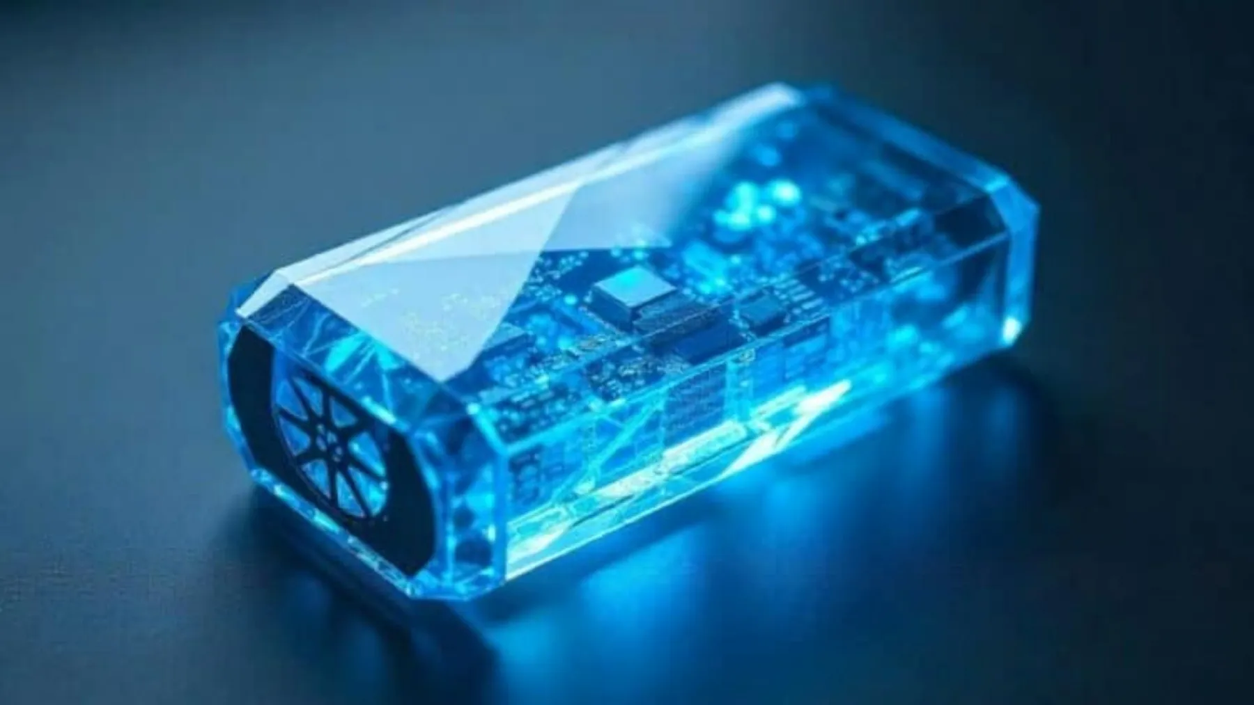 Close-up of a futuristic, diamond-shaped battery with visible circuitry inside.
