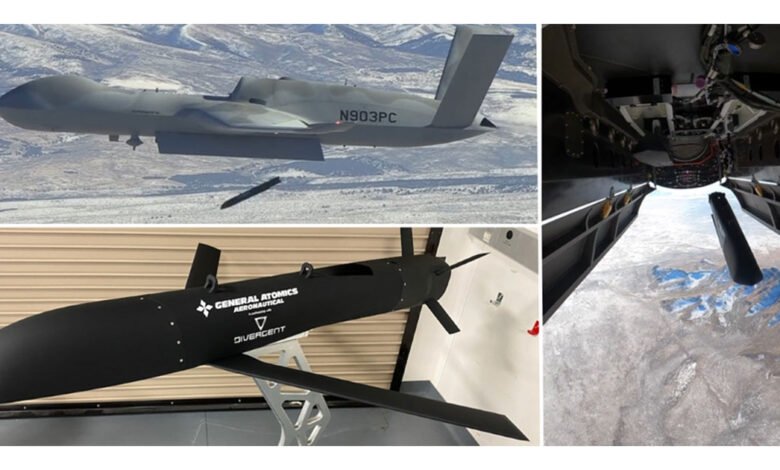 Collage showing MQ-9 Reaper drone, Divergent DOVER bomb, and bomb release from drone.