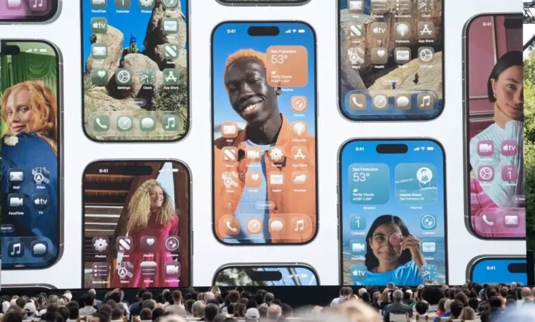 Large screen displaying various iPhone screens showcasing iOS features and diverse users.