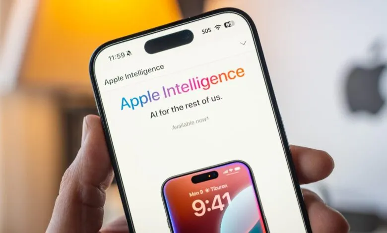 Close-up of a hand holding a smartphone displaying Apple Intelligence, AI for the rest of us.
