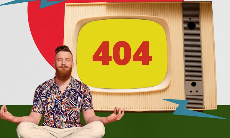 A man meditates peacefully while a vintage TV displays a 404 error code.