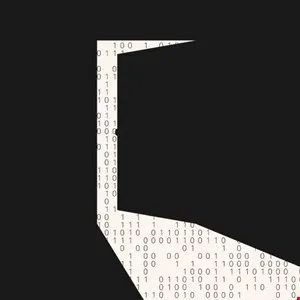 Abstract doorway filled with binary code, opening into a dark space.