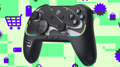 Black gaming controller with abstract white design and LED accents
