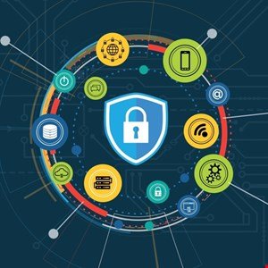 Digital security shield with interconnected icons representing data, networks, and devices.